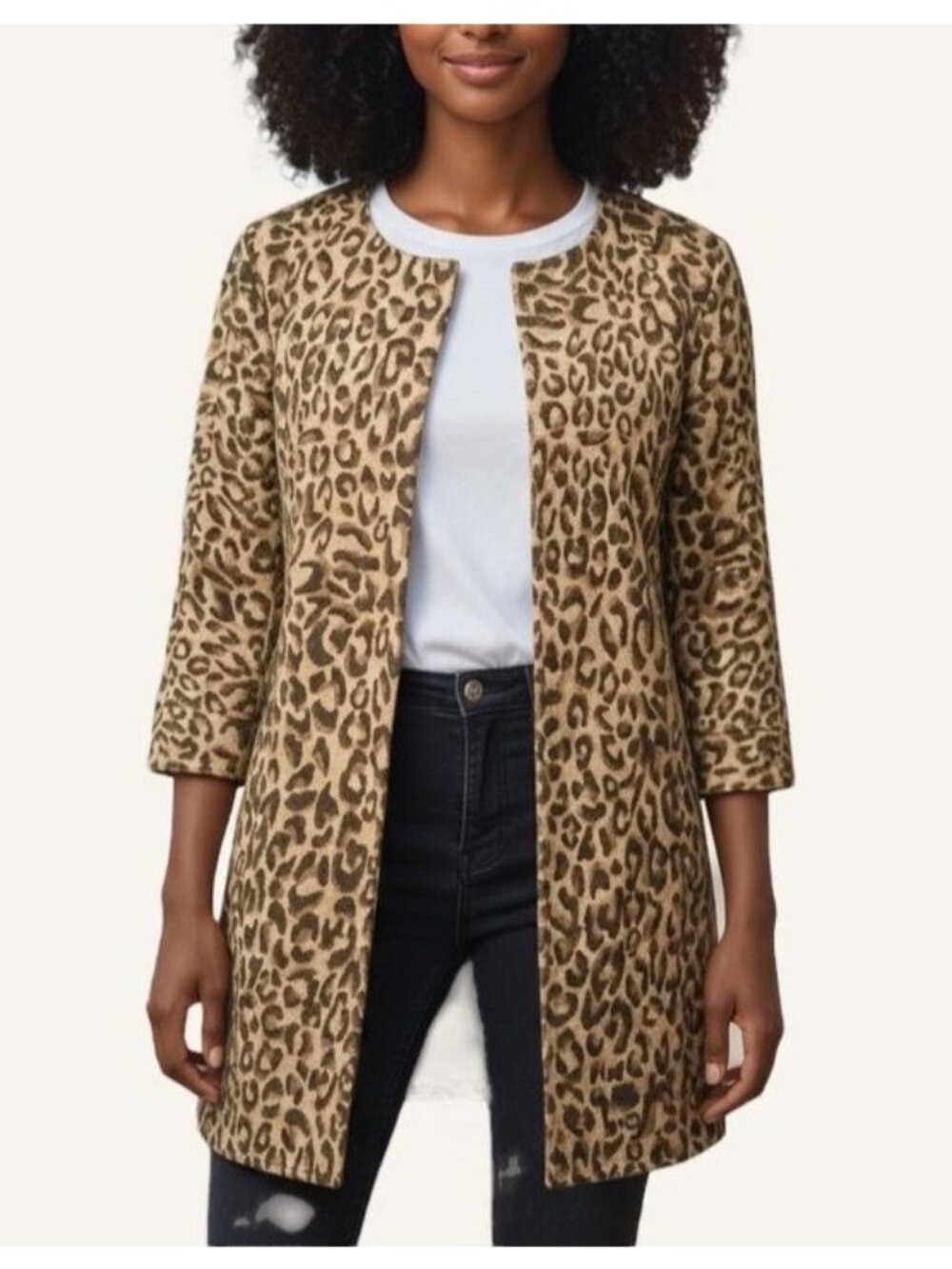 Leopard Coat Jacket Small Midi Twill 3/4 Sleeves Simple Collar Lightweight EUC